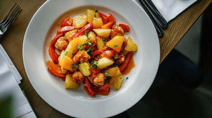 A plate of Chinese sweet and sour chicken with vibrant peppers and pineapple