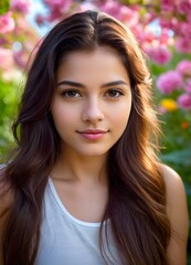 Fototapeta premium Graceful Elegance in Bloom: A Serene Portrait Amidst Vibrant Flowers