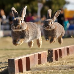 Obraz premium Rabbits Racing and Jumping Over Hurdles in a Rodeo-Style Competition