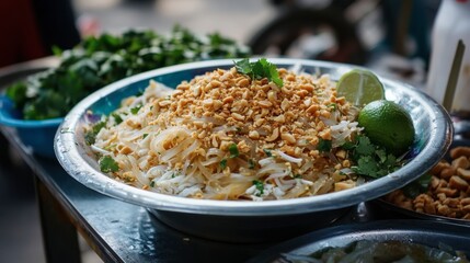 A plate of pad Thai garnished with crushed peanuts, lime, and cilantro, captured in a street food market style