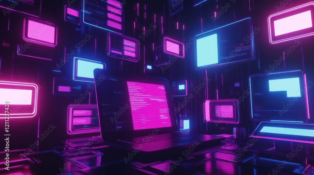 Poster neon cyberpunk coding landscape: digital matrix of data streams and interfaces