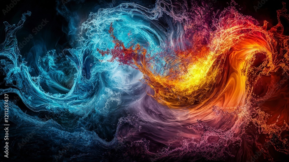 Poster dynamic swirls of contrasting hues colliding in a vivid abstract artwork digital realm colorful desi