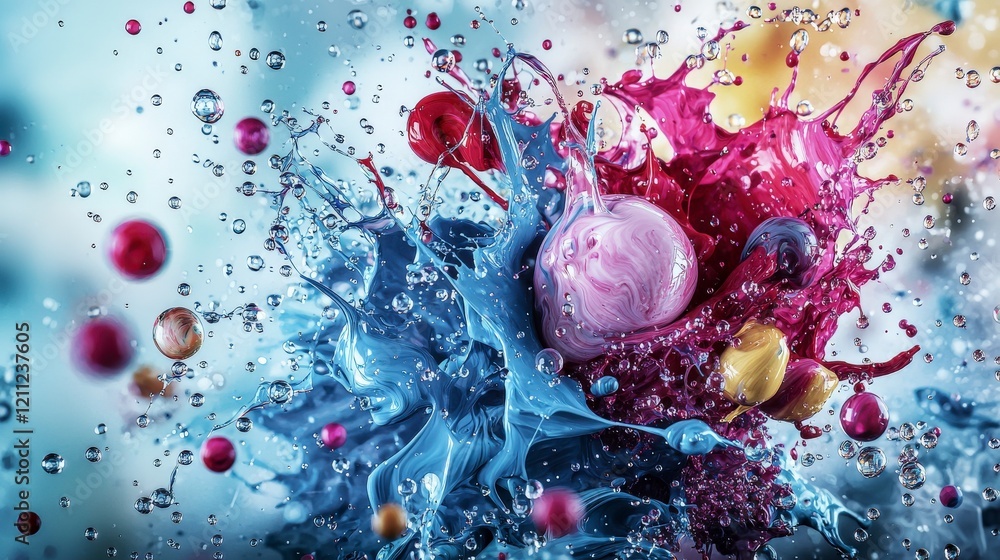 Poster explosions of vivid paint droplets in abstract pattern studio visual art colorful environment close-