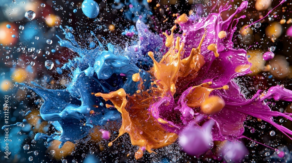 Poster vibrant paint droplets explosion studio setting abstract art colorful environment dynamic perspectiv