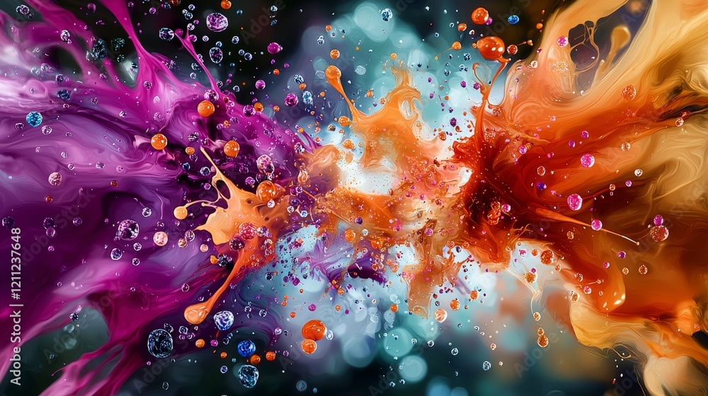 Poster explosions of vivid paint droplets abstract art studio colorful environment close-up view creative c