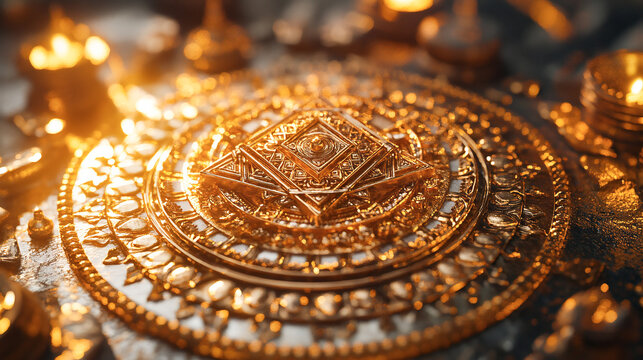 A gold-plated Vastu Yantra, etched with sacred geometric patterns, used for attracting wealth, prosperity, and success. Perfect for placing in homes, offices, or temples