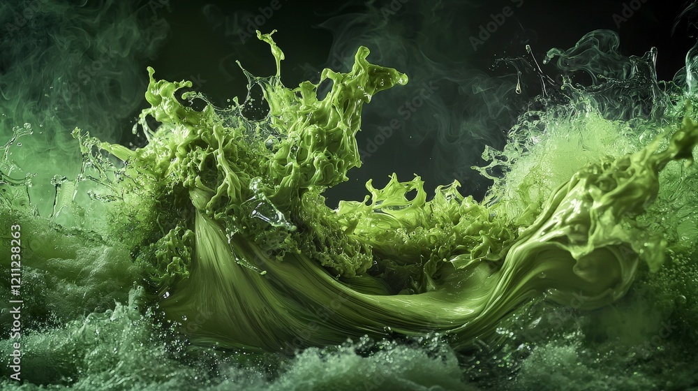 Poster Dynamic green waves collide abstract art canvas nature-inspired design studio setting close-up view creative expression