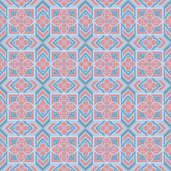 Fototapeta premium Contemporary Floral and Geometric Design in Pastel Pink and Blue Hues, Featuring Repeating Lotus-Inspired Motifs and Elegant Symmetry
