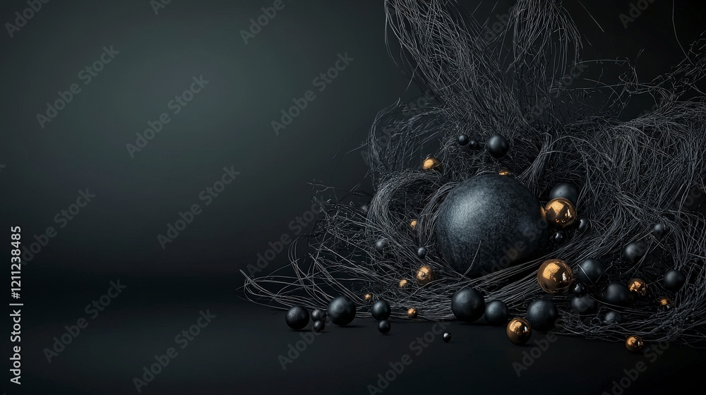 Poster dynamic sphere arrangement minimalist studio digital artwork charcoal gray palette close-up modern a