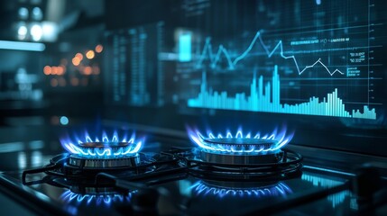 29.A kitchen gas stove with two lit burners, their blue flames reflecting the growing demand for natural gas. In the background, a bar chart shows an upward trend in natural gas costs, blending the