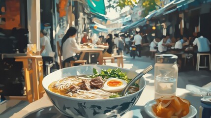 A serving of Vietnamese pho with beef, rice noodles, and fresh herbs, styled with a bustling street food setting