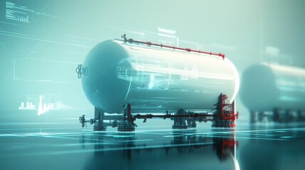 Naklejka premium 32.A 3D model of a large natural gas tank, designed for cooking and industrial use, placed on a sleek digital backdrop. The illustration incorporates elements of the energy sector, such as a graph,