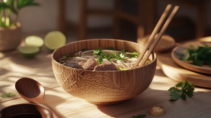 A serving of Vietnamese pho with beef, rice noodles, and fresh herbs, styled with a bustling street food setting