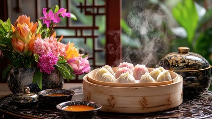 A steaming basket of dim sum dumplings served with dipping sauces, styled with an elegant Chinese tea house vibe