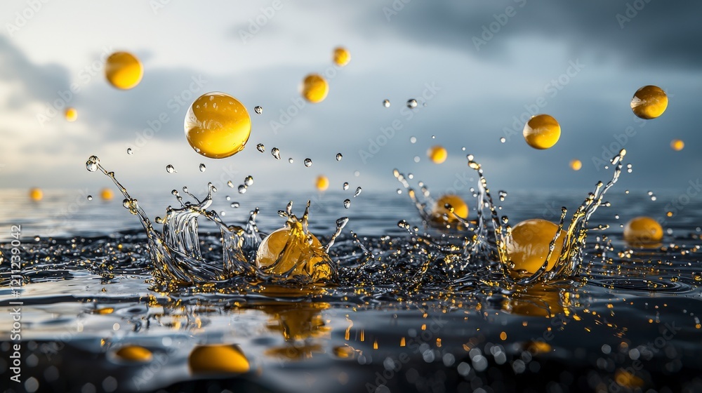 Poster Vibrant macro photography of soft yellow droplets splashing on calm water surface in a serene nature scene