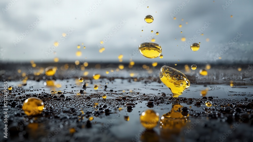 Poster floating soft yellow droplets over clean surface nature close-up tranquil environment aesthetic conc
