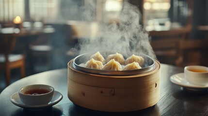 A steaming basket of dim sum dumplings served with dipping sauces, styled with an elegant Chinese tea house vibe
