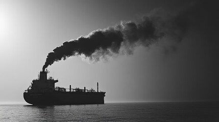 43.A stark image of a large ship at sea, with a smoke stack belching thick, poisonous gases under a clear sky. The image emphasizes the environmental consequences of industrial emissions, with the