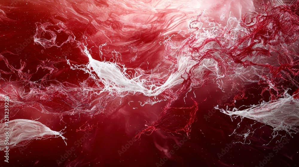 Poster abstract art thin white lines flowing in a vast red expanse digital artwork modern aesthetic vivid v
