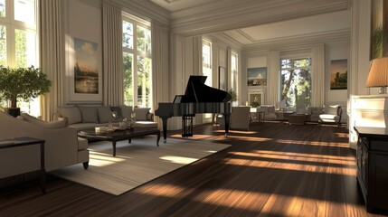 Fototapeta premium 46.A spacious and modern living room featuring elegant hardwood floors, a grand piano as the focal point, and luxurious furniture arranged in an open, airy space. The natural light pours in through