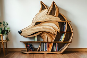 Wooden wolf-shaped bookshelf with books, standing in a room.