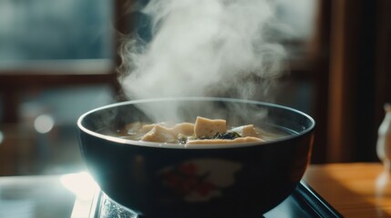A steaming bowl of Japanese miso soup served with tofu and seaweed, styled with a minimal zen aesthetic