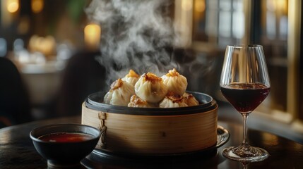 A steaming basket of dim sum dumplings served with dipping sauces, styled with an elegant Chinese tea house vibe