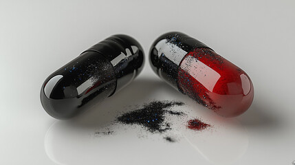 Black capsules with powder spilling out onto a reflective surface, emphasizing the raw components of medical supplements.