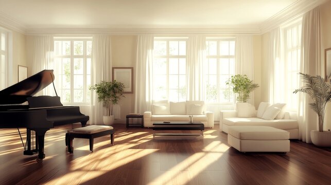 48.A stylish and upscale living room with hardwood floors and a grand piano situated in the corner. The well-designed space features elegant furniture, with soft natural light flooding in, enhancing