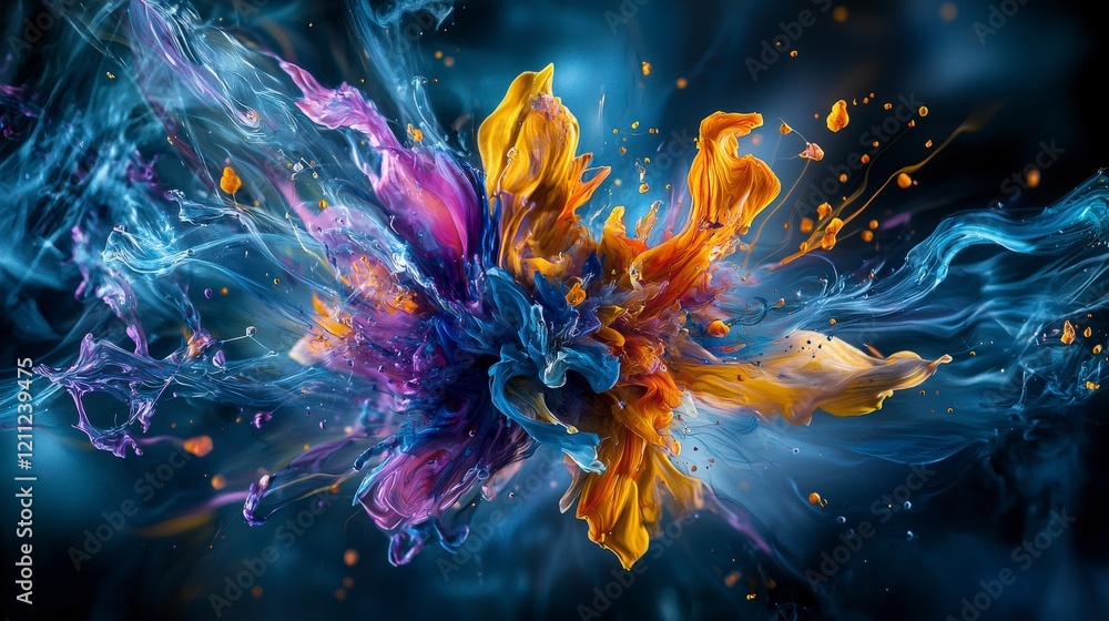 Poster Dynamic explosion of vivid hues in abstract art contemporary studio digital rendering creative environment close-up view