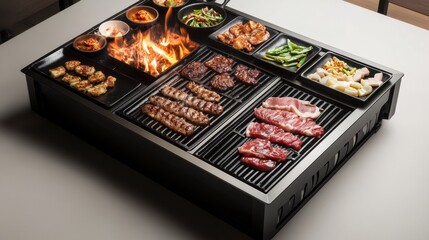 A traditional Korean barbecue table with sizzling meats and banchan dishes
