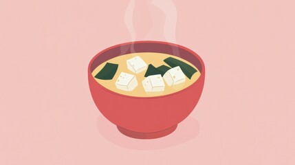 A steaming bowl of Japanese miso soup served with tofu and seaweed, styled with a minimal zen aesthetic
