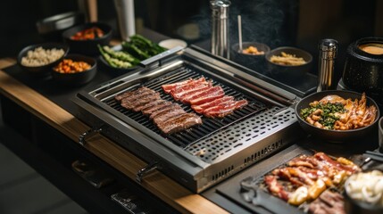 A traditional Korean barbecue table with sizzling meats and banchan dishes