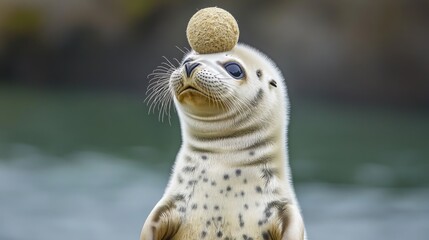 Adorable seal pup balancing a ball on its head against a blurred background of water and trees