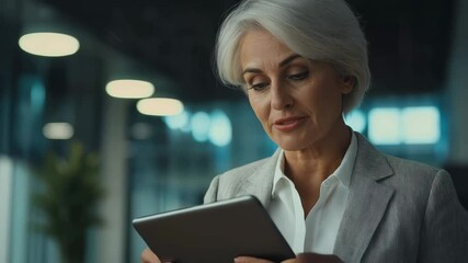 Professional woman engaging with tablet in modern office setting