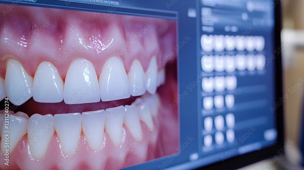 Wall mural 69.a close-up of a dental computer screen showing digital smile design, highlighting the use of comp
