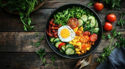 A traditional Korean bibimbap bowl with vibrant vegetables, egg, and gochujang, styled with a rustic wooden table