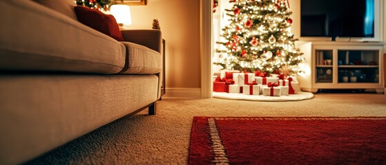 Cozy Christmas Living Room  Decor  Presents  Tree  Carpet  Festive Interior