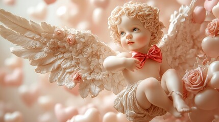Fototapeta premium Cherubic angel figurine with wings, hearts, and roses.