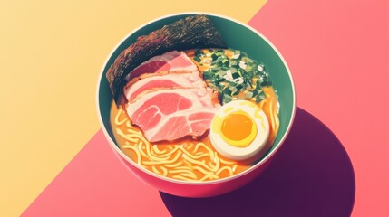 A vibrant bowl of ramen with chashu pork, soft-boiled egg, and nori, styled with a Japanese izakaya setting