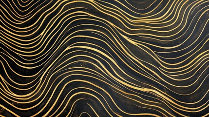 94.A sophisticated luxury invitation design featuring a bold, golden wavy line pattern set against a jet-black background. The gold lines swirl and weave across the design, creating an aura of