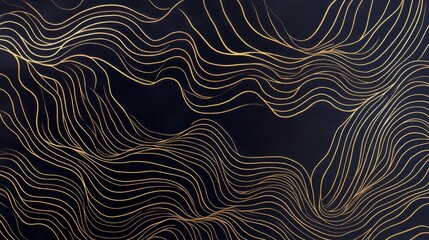94.A sophisticated luxury invitation design featuring a bold, golden wavy line pattern set against a jet-black background. The gold lines swirl and weave across the design, creating an aura of