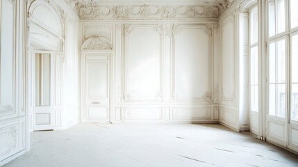 Fototapeta premium Elegant White Room With Intricate Molding And Large Windows
