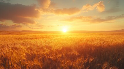 Obraz premium Golden wheat field at sunset, warm and idyllic landscape 