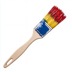 Close-up of Paintbrush with Red, Yellow, and Blue Paint on Bristles
