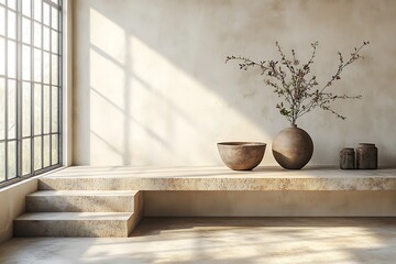 Minimalist Room Decor With Stone Steps And Earthy Tones