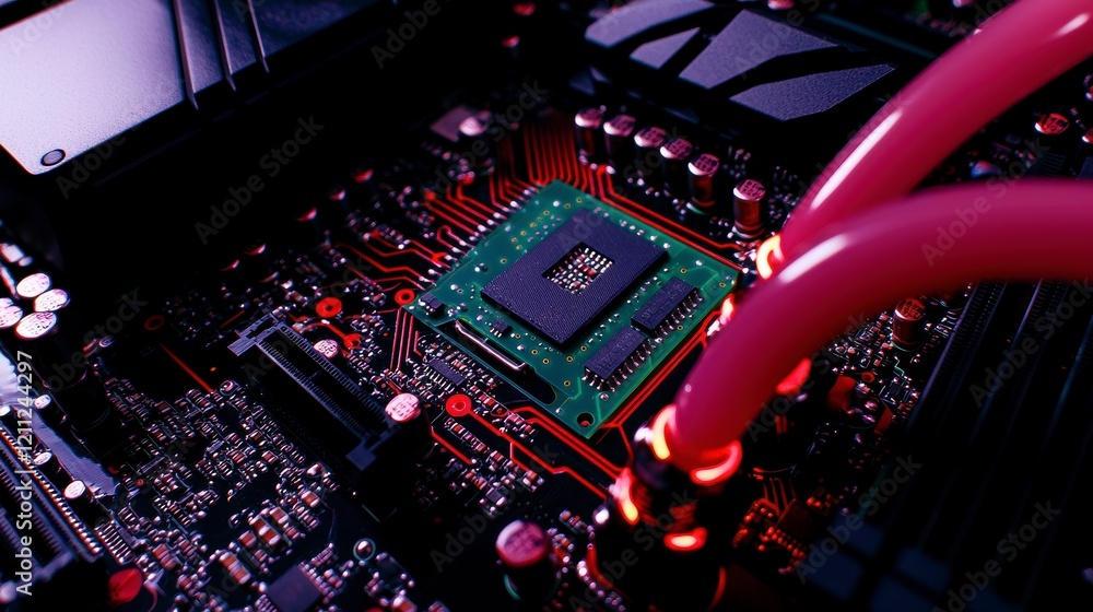 Poster close up computer motherboard cpu circuit board tech detail