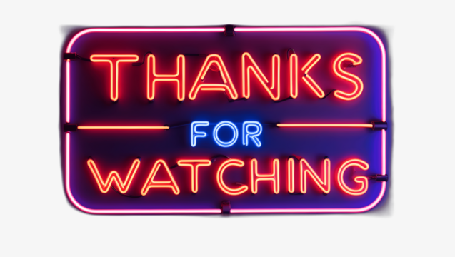 Retro Neon 'Thanks for Watching' Sign on Brick Wall Background – Perfect for Video Outros or End Screens