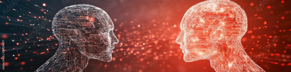 Poster digital faces in profile: abstract particle art representing connection and communication