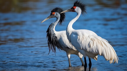 Obraz premium Majestic Black-Necked Cranes ( grus nigricollis) Standing In A Golden Field Gaze Towards Each Other On Blurry Background